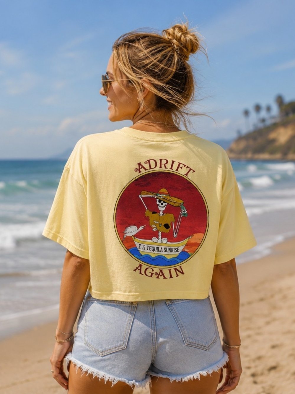 Adrift Again Yellow Graphic Crop Womens Tee